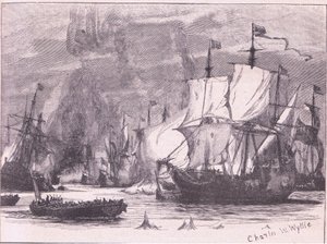 Zeeslag bij Kaap Passaro AD 1718 door Charles William Wyllie